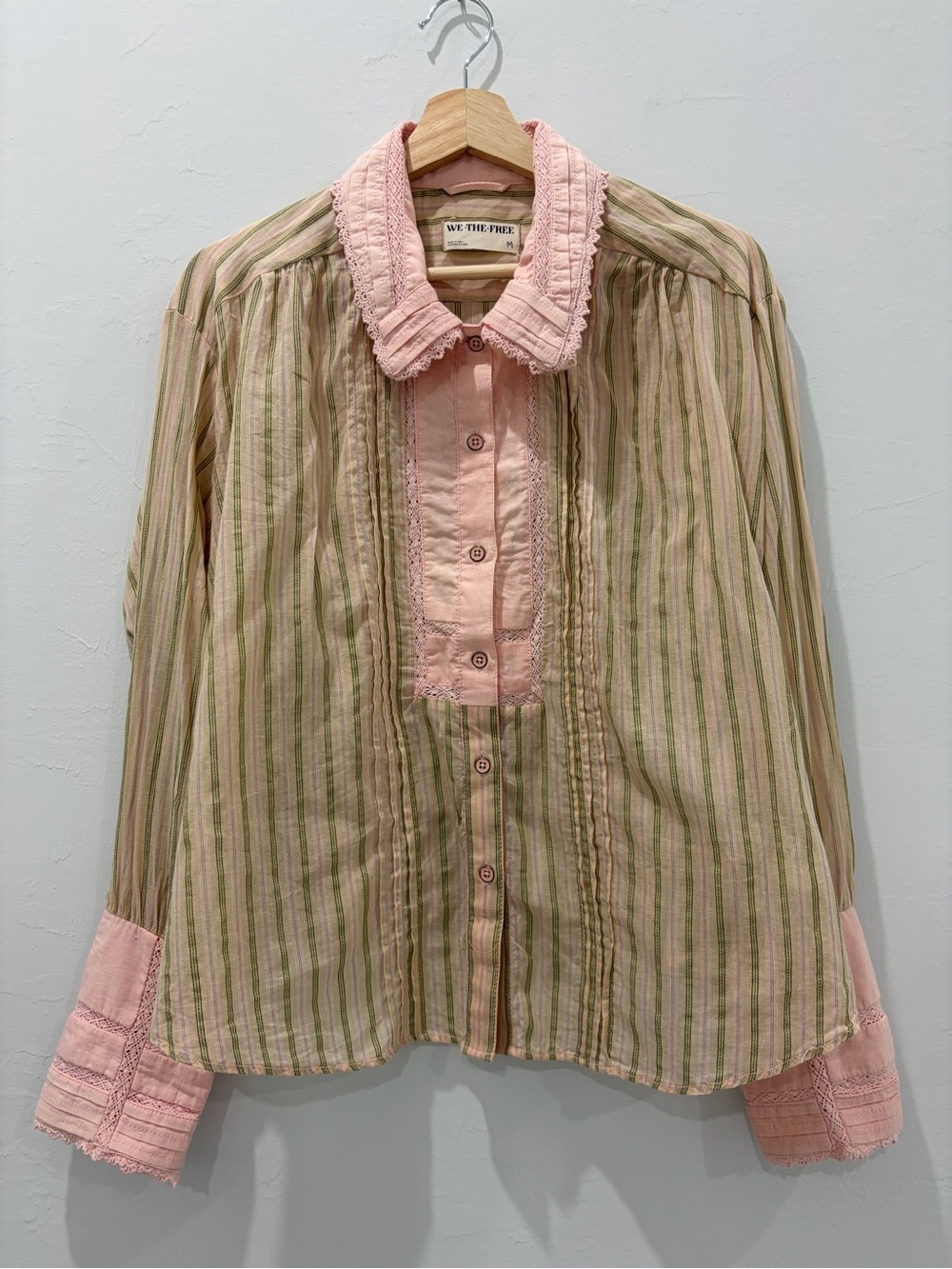 We The Free Pink & Green Striped Ruffle-Collar Blouse